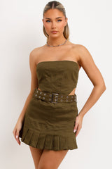 bandeau corset crop top and pleated mini skirt co ord set khaki