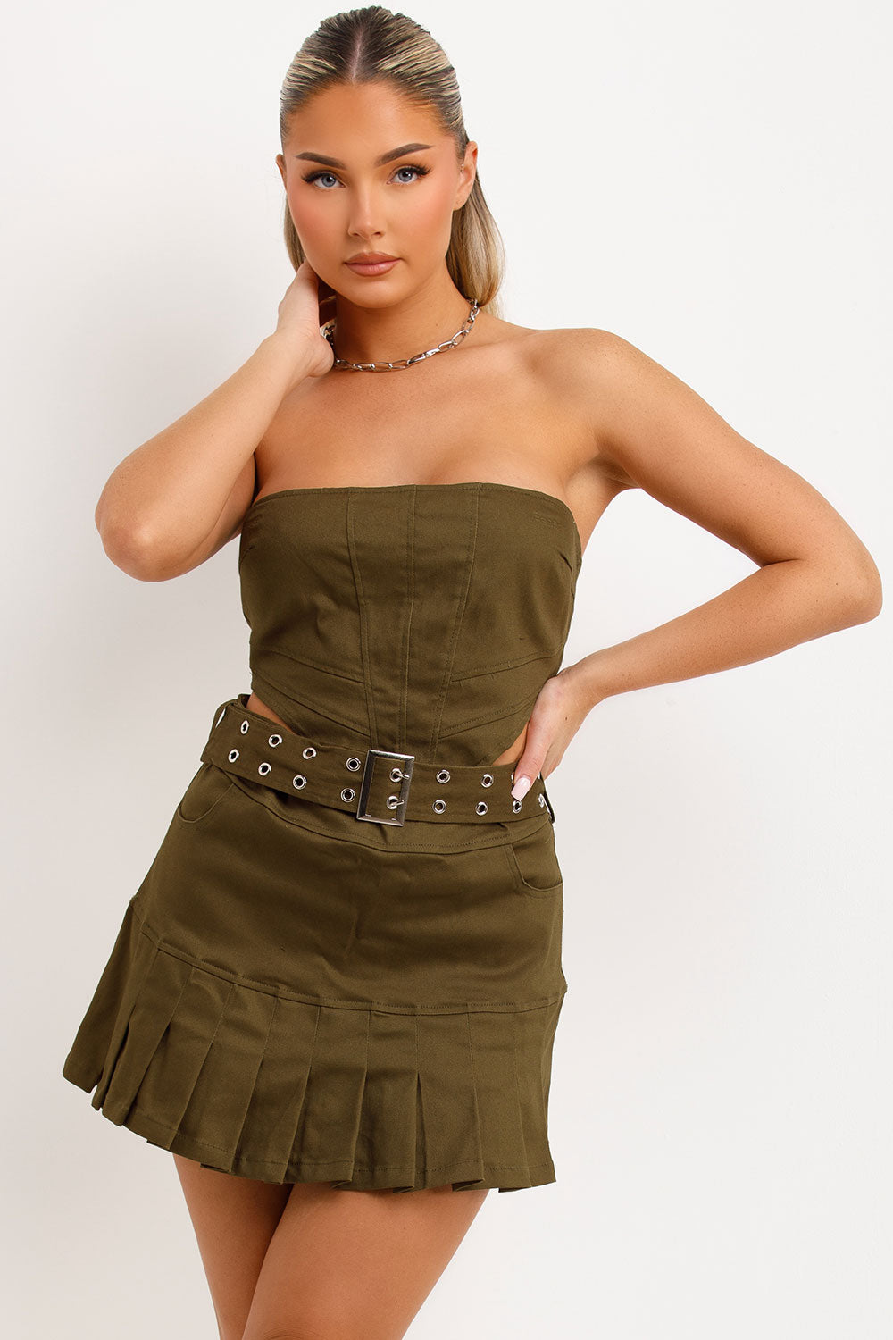 mini pleated belted skirt and bandeau corset crop top two piece set festival rave outfit womens