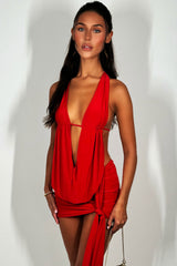 red backless cowl halter neck top and drape mini skirt co ord set going out outfit