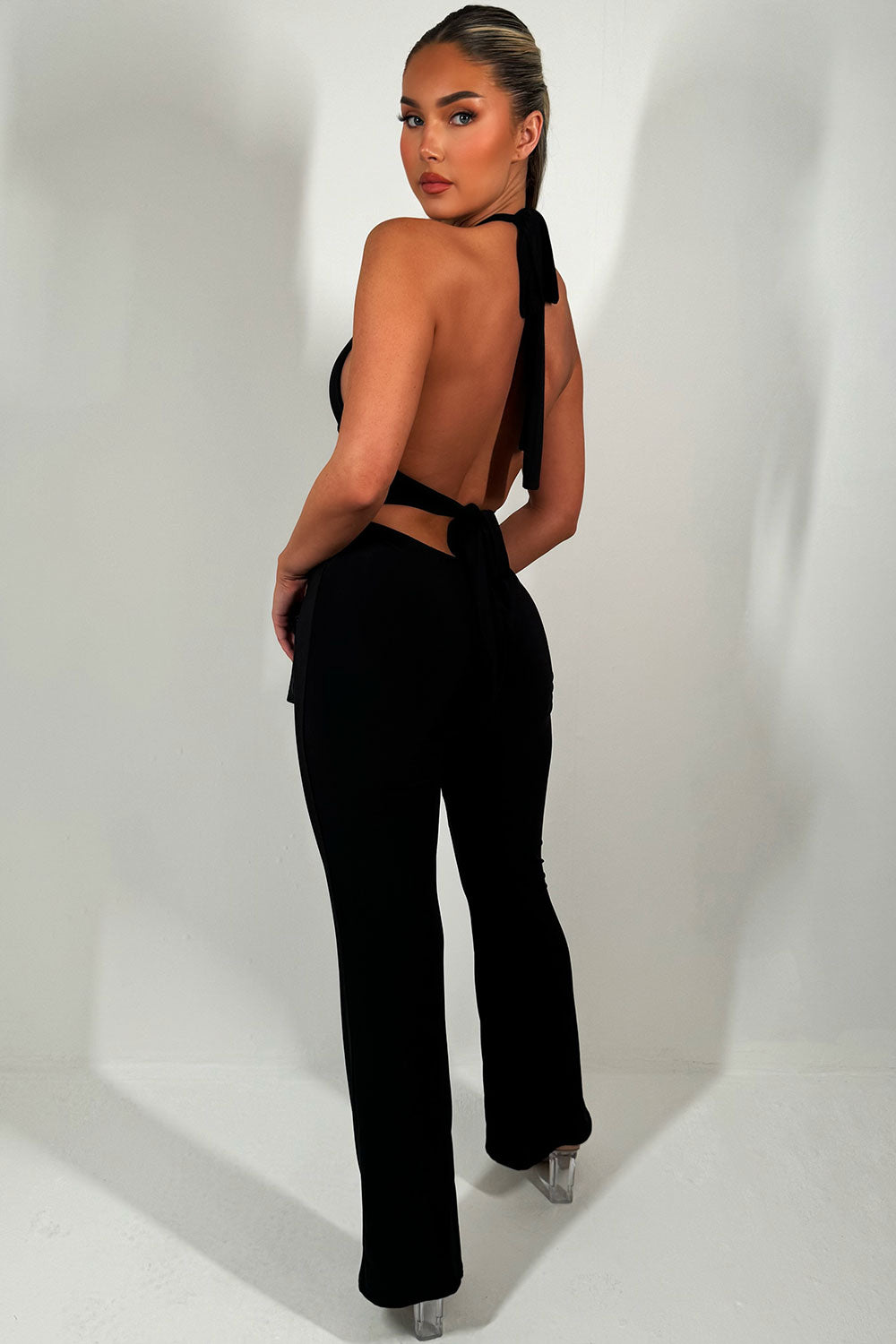 halterneck backless christmas party jumpsuit black