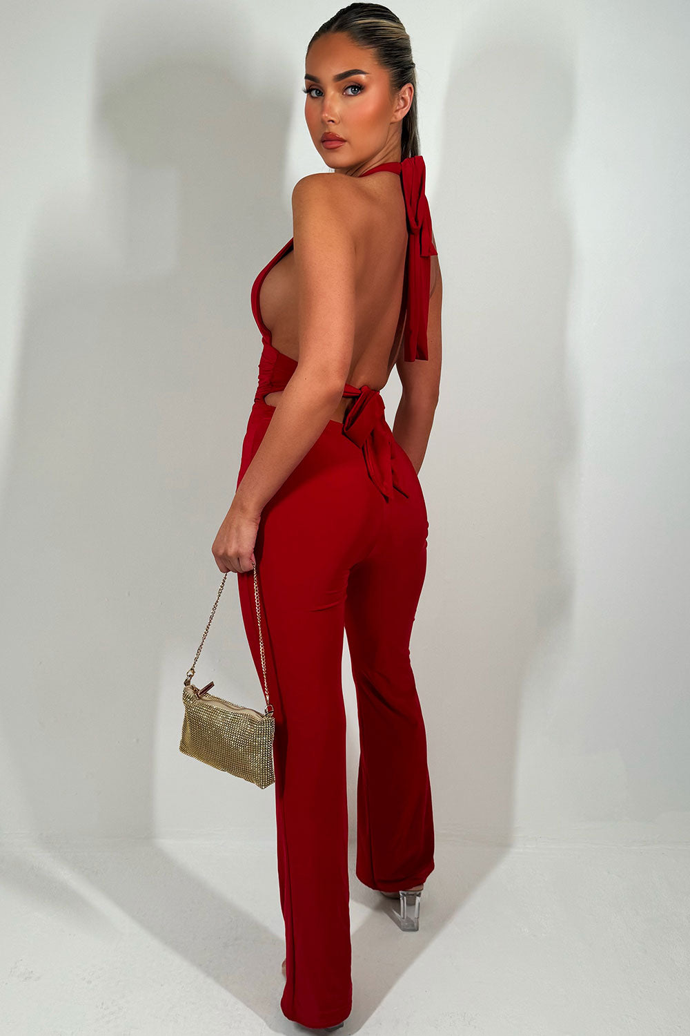 halterneck backless christmas party jumpsuit red