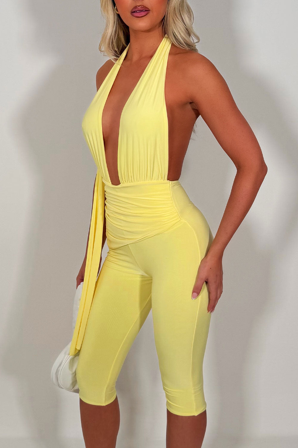 womens yellow capri jumpsuit with drape detail styledup uk