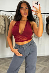 plunge halter neck crop top with lace hem styledup 
