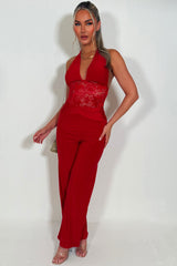 lace panel halter pluge neck backless jumpsuit going out occasion outfit