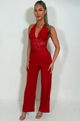 red plunge neck lace panel backless wide leg jumpsuit styledup