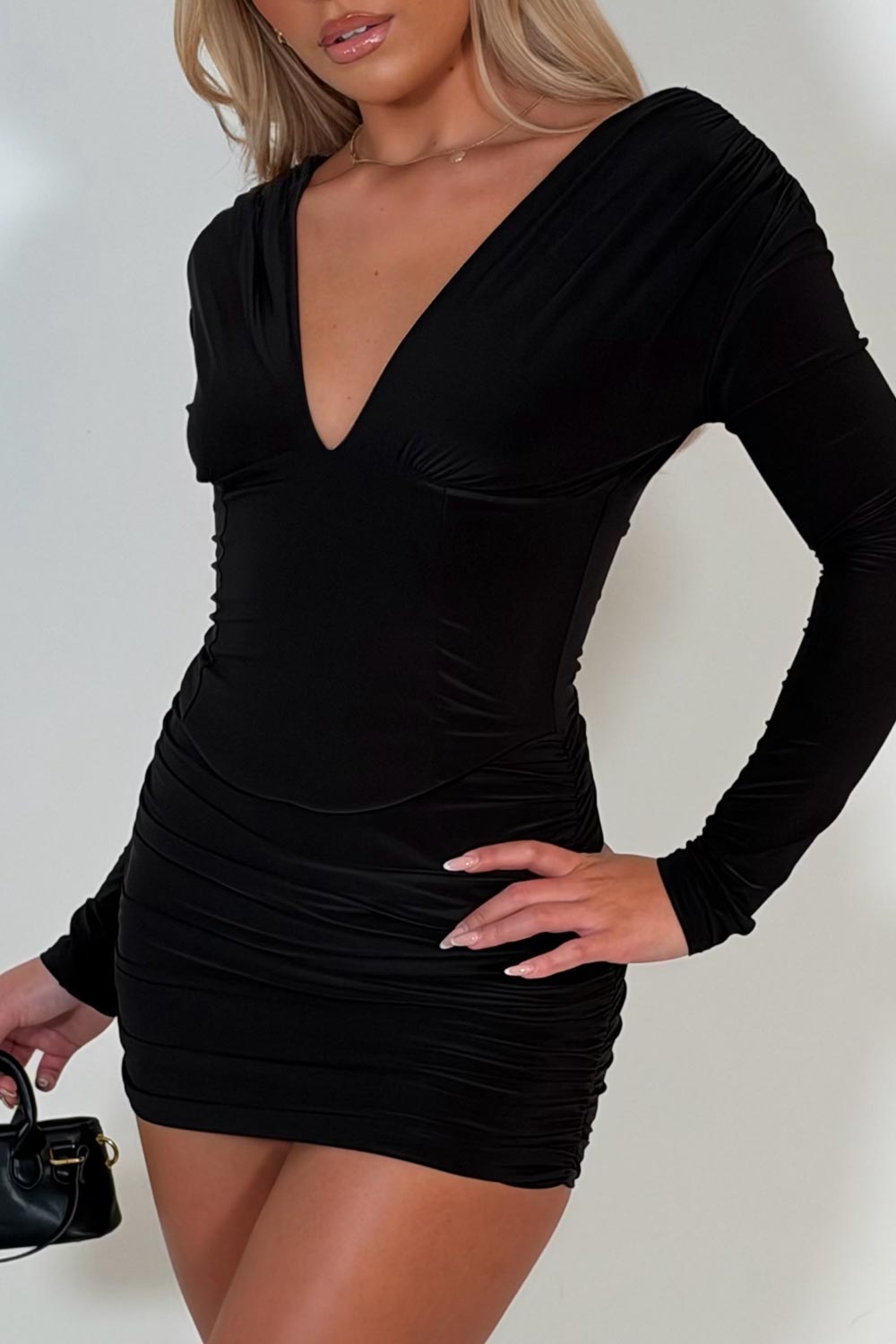 black corset detail mini dress with plunge neckline long sleeves styledup uk
