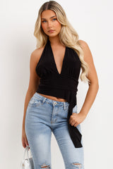 black halter neck backless drape detail crop top weekend festival outfit