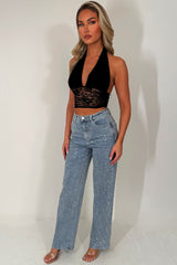 lace hem plunge halter neck crop top styledup