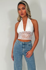 lace hem plunge halter neck crop top styledup