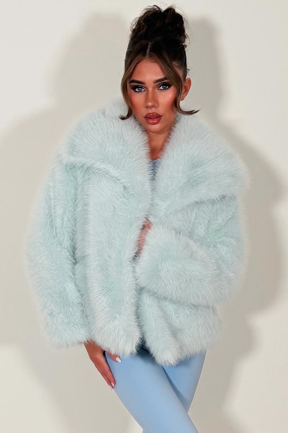 womens baby blue fur jacket with collars styledup