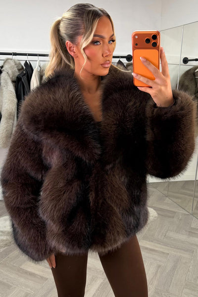 brown faux fur jacket with collar styledup uk