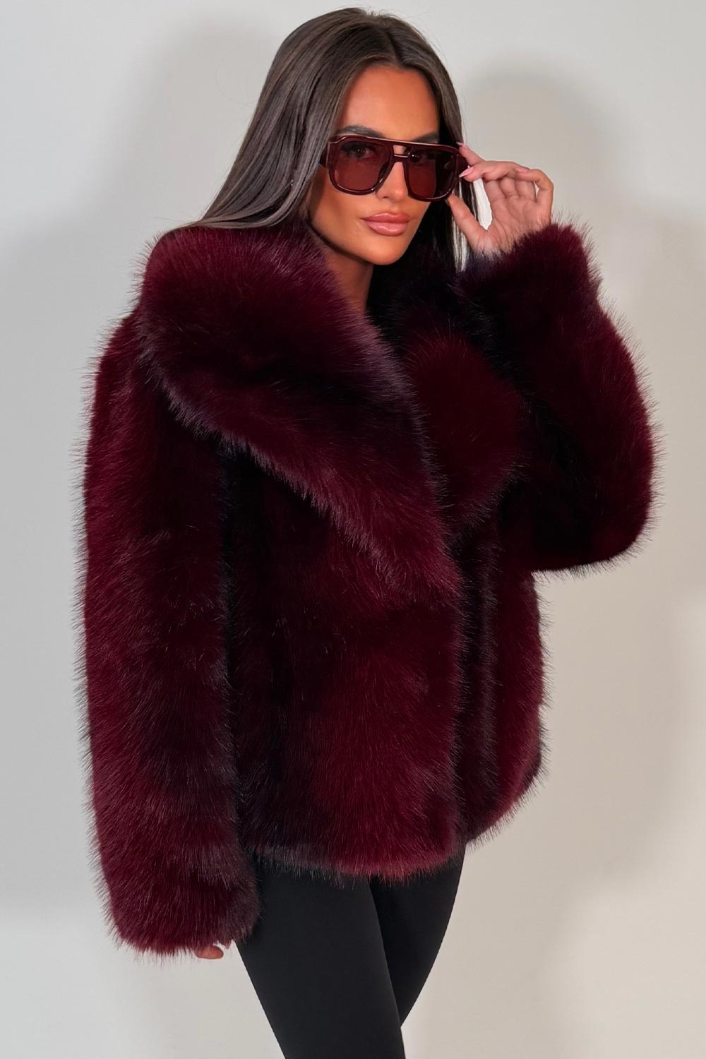 womens burgundy fur jacket with collars styledup