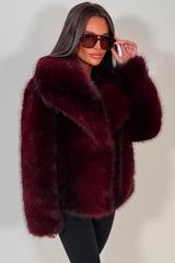 womens burgundy fur jacket with collars styledup