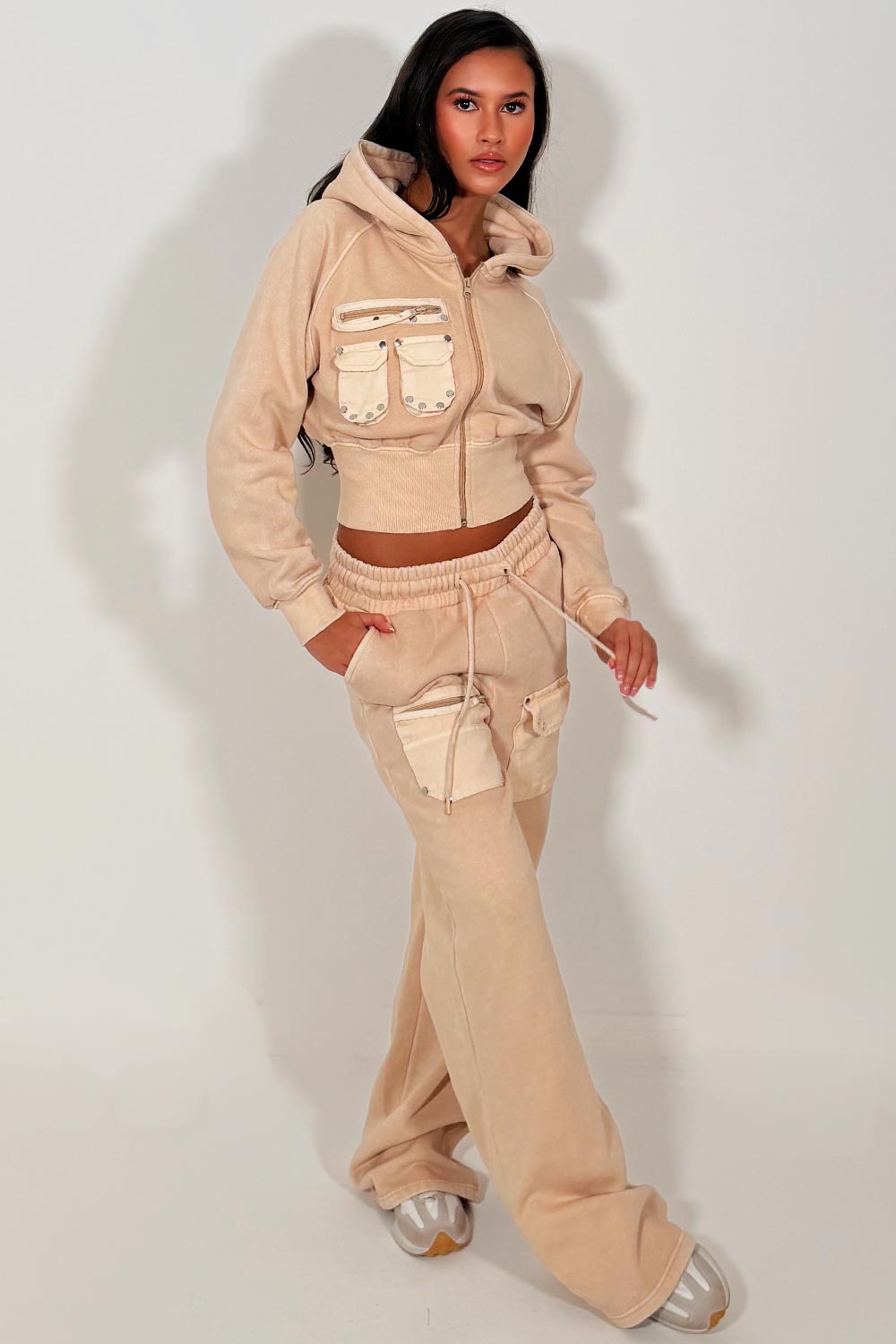 crop zip through hoodie and wide leg joggers tracksuit set styledup 