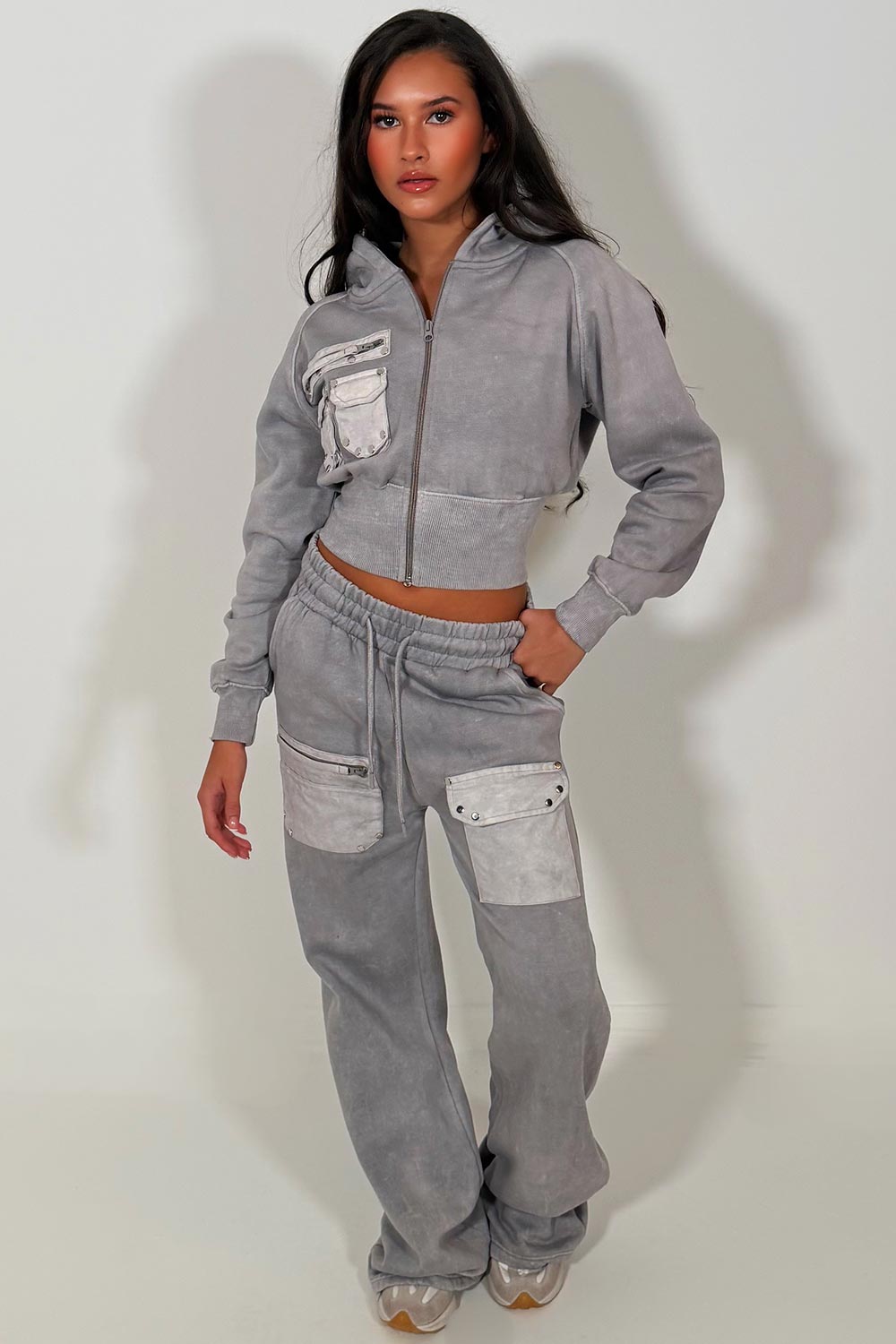 crop zip through hoodie and wide leg joggers tracksuit set styledup 