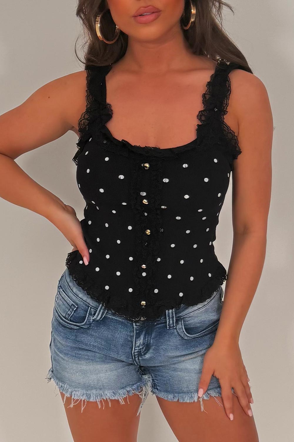 polak dot top with lace trim styledup fashion
