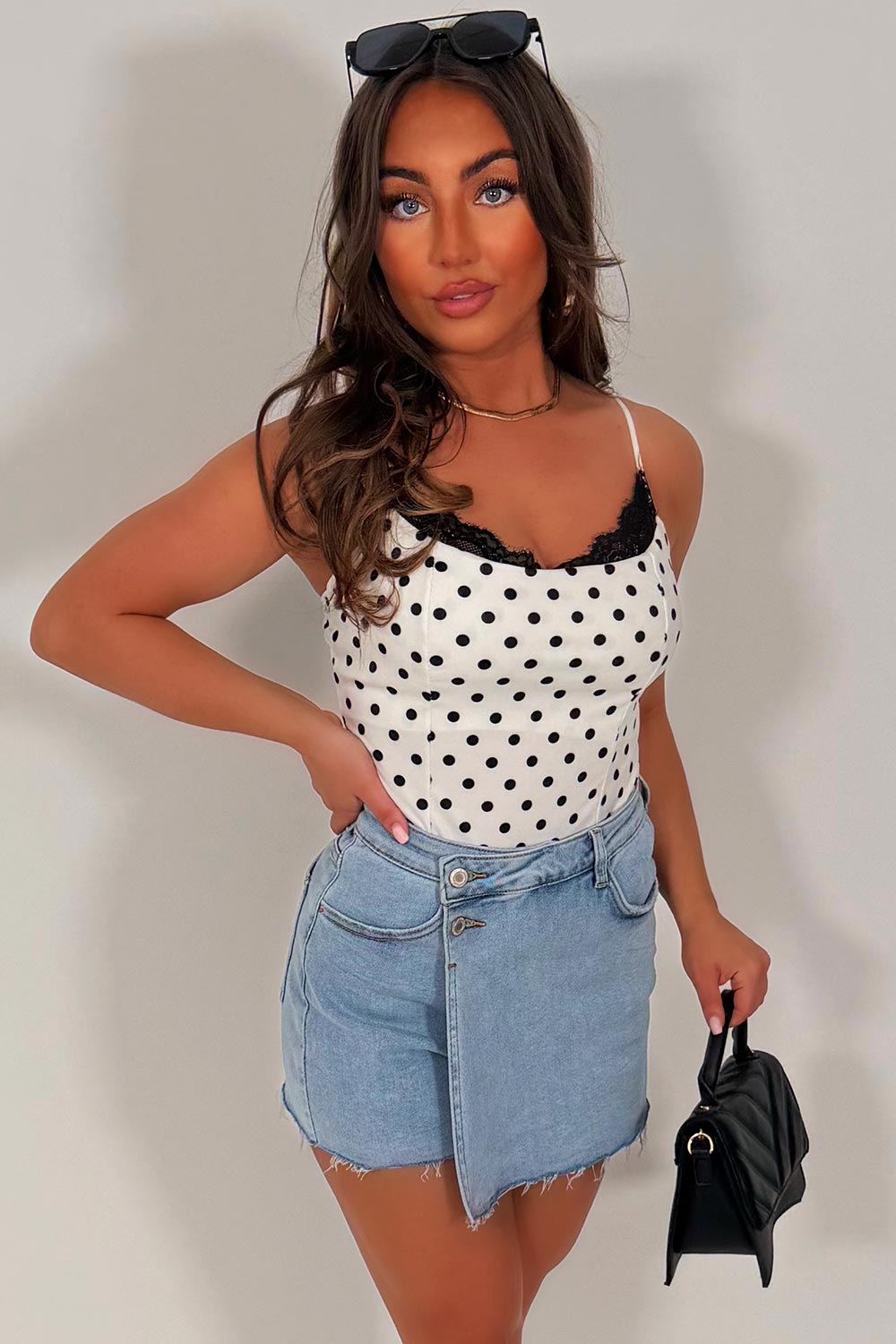 polka dot lace trim top black styledup whitefox uk