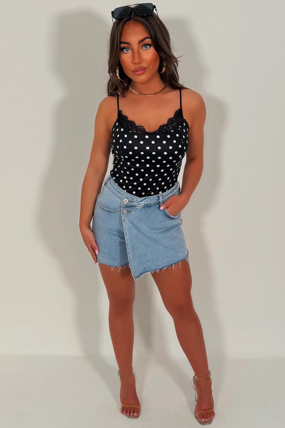 polka dot lace trim going out top styledup whitefox uk