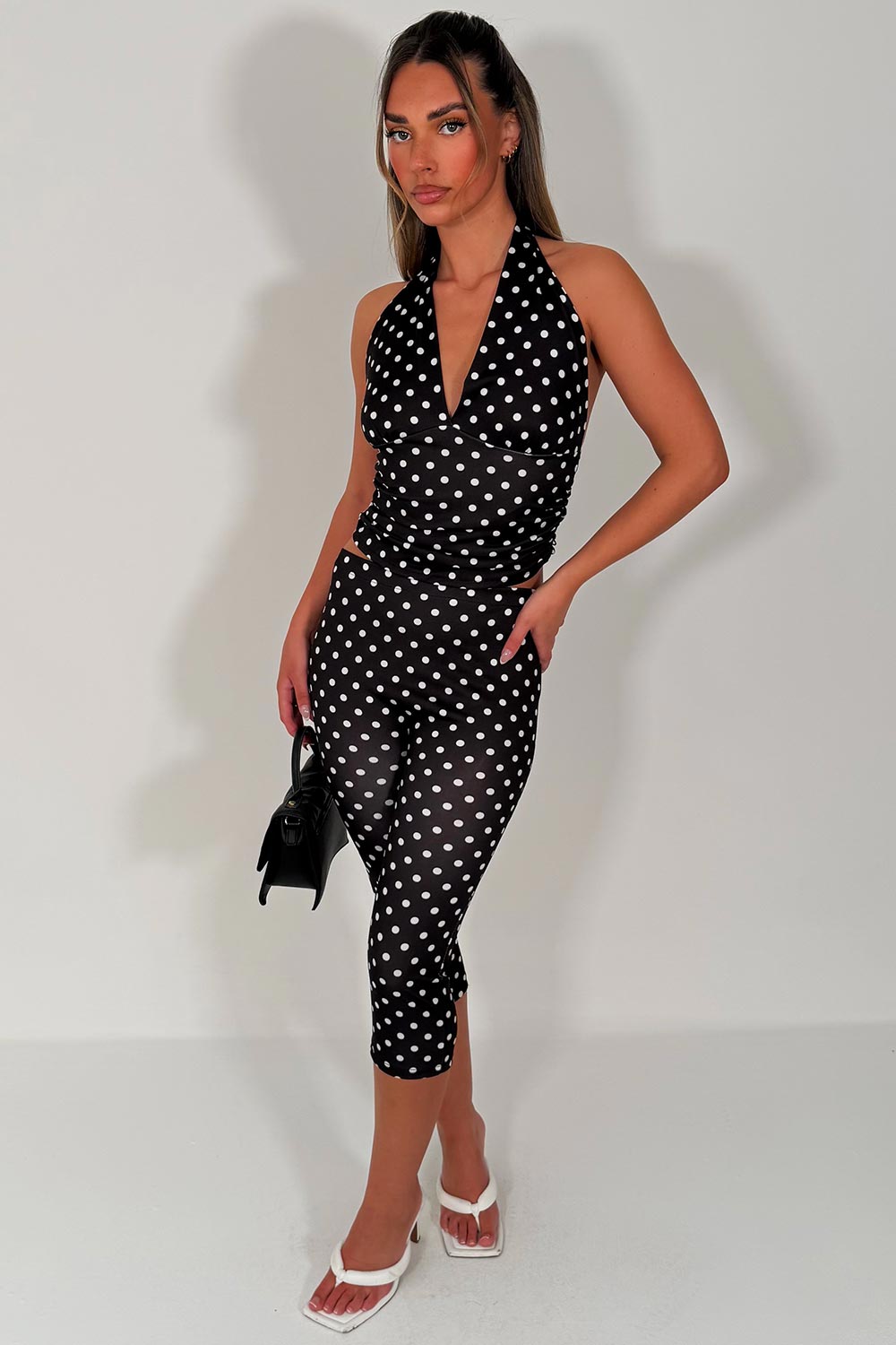 polka dot halter neck backless top and capri pants two piece co ord set going out party festival outfit styledup uk white fox