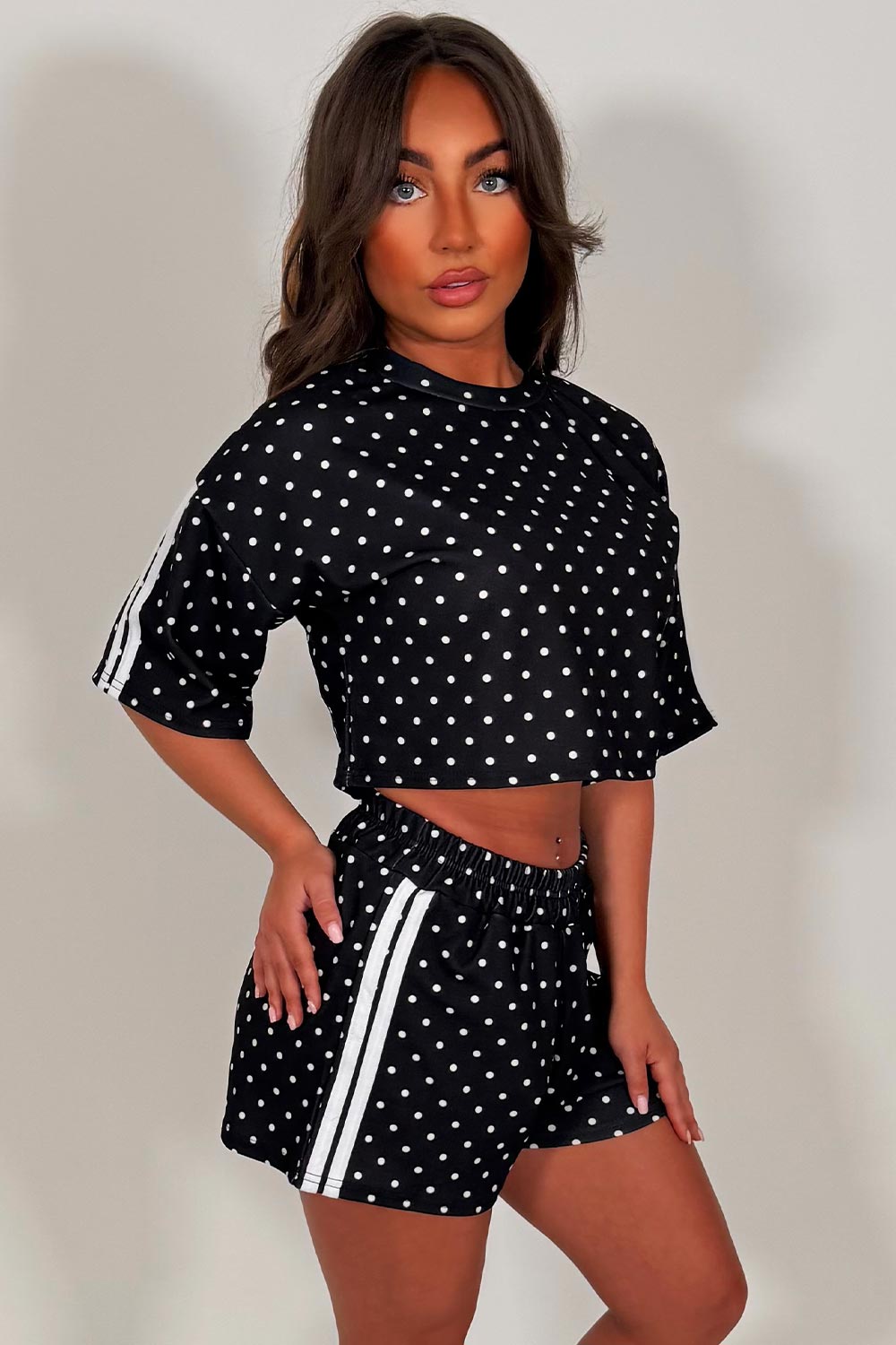 polka dot crop top and shorts co ord set summer festival airport outfit styledup white fox uk