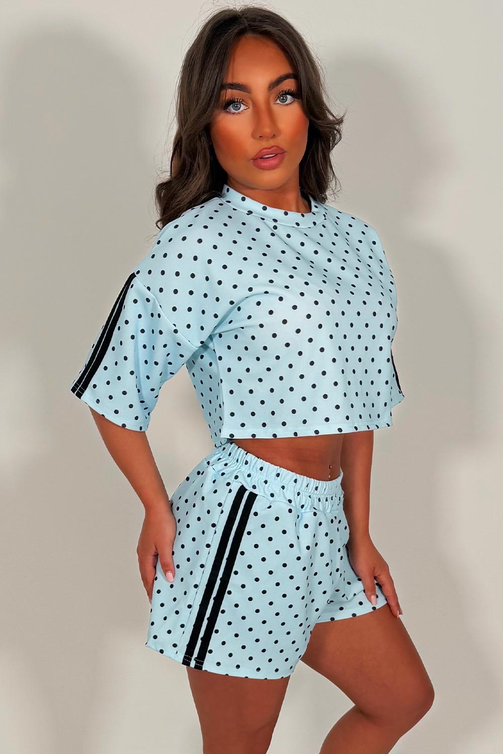 polka dot crop top and shorts co ord set summer festival airport outfit styledup white fox uk