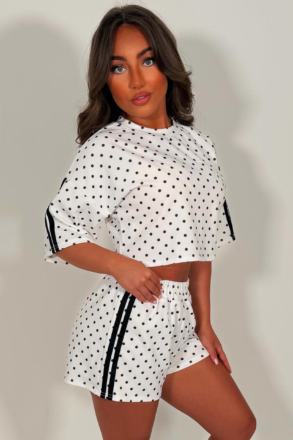 polka dot crop top and shorts co ord set summer festival airport outfit styledup white fox uk