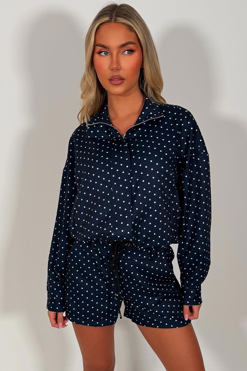 womens navy polka dot top and shorts two piece co ord set styledup uk