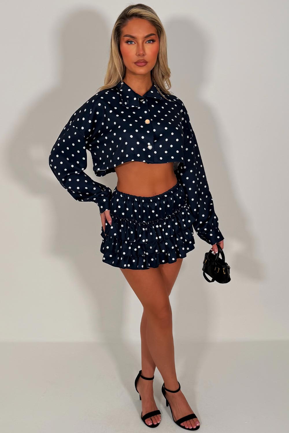 polka dot skort and crop jacket two piece co ord set styledup fashion