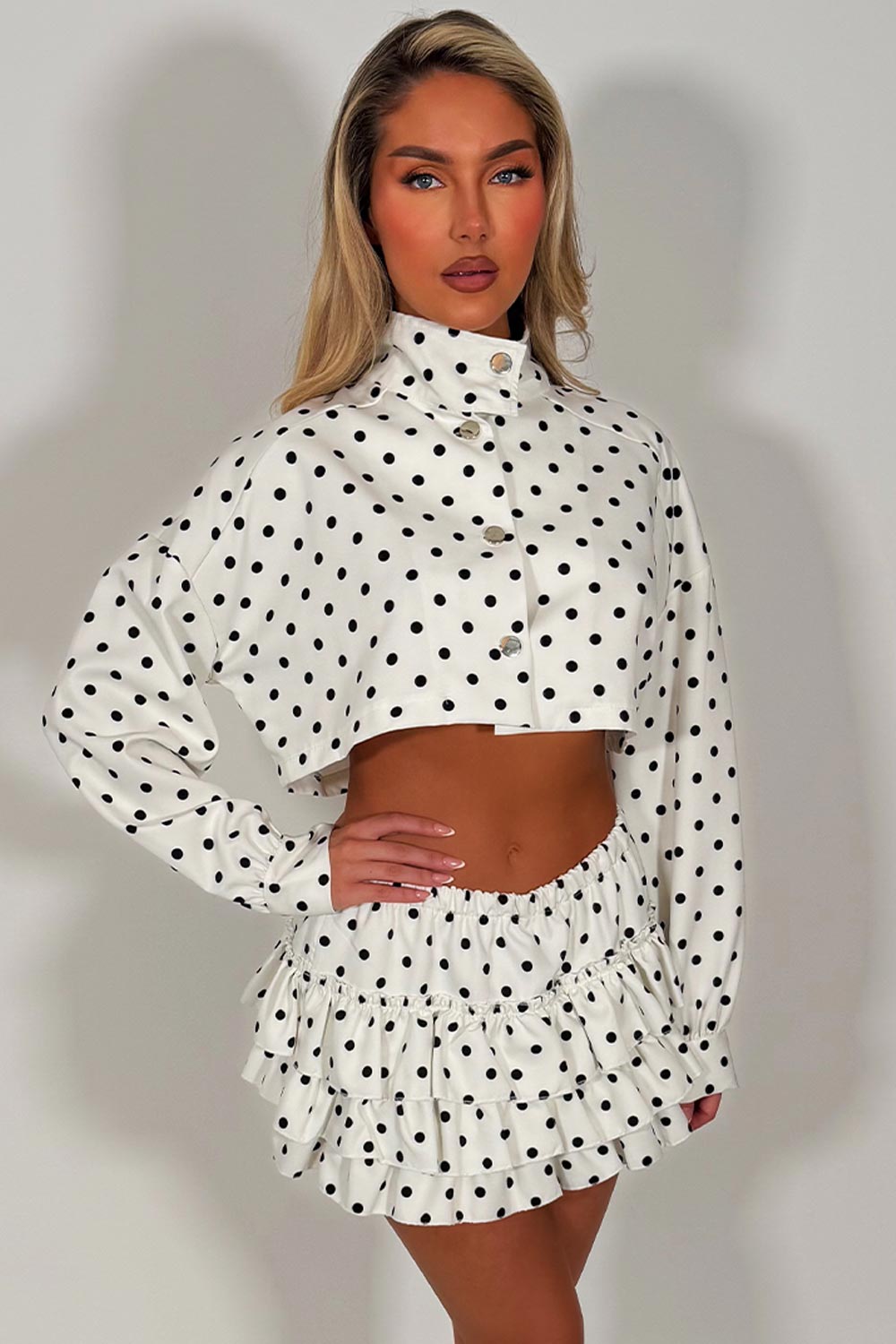 polka dot skort and crop jacket co ord set festival summer holiday outfit styledup