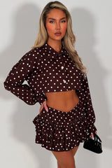 polka dot long sleeve crop jacket and ruffle frilly skort two piece outift co ord set  going out festival outfit styledup fashion