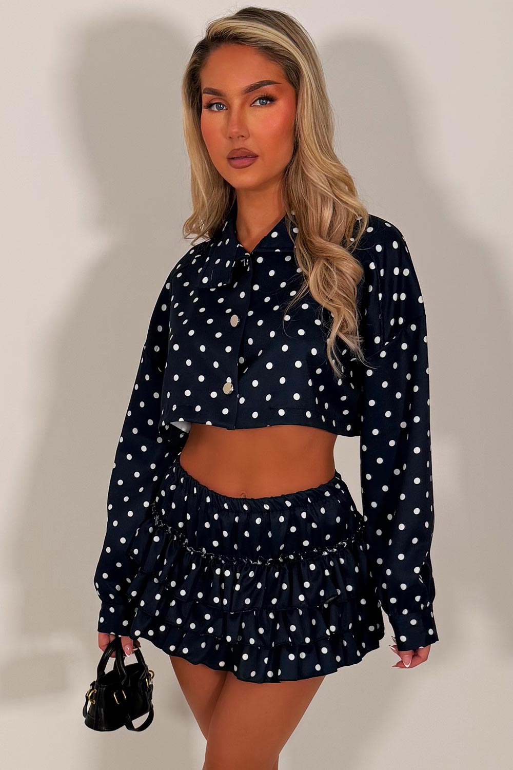 polka dot long sleeve crop jacket and ruffle frilly skort two piece outift co ord set  going out festival outfit styledup fashion