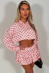 polka dot long sleeve crop jacket and ruffle frilly skort two piece outift co ord set  going out festival outfit styledup fashion
