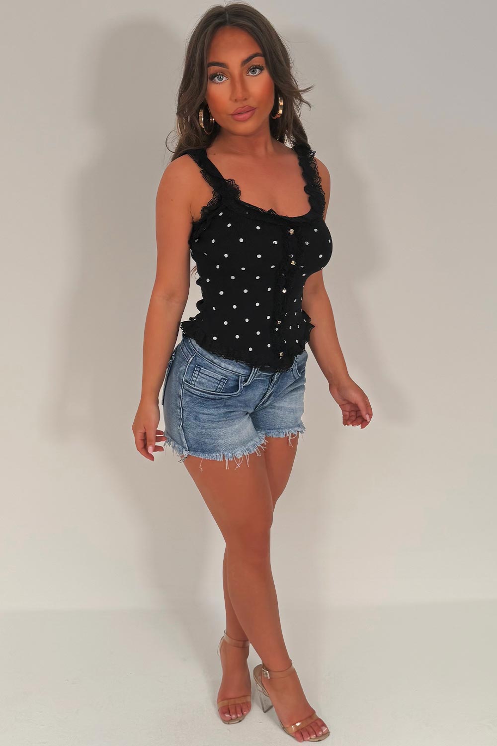 polka dot top with lace trim and gold buttons going out summer festival outfit styledup white fox uk