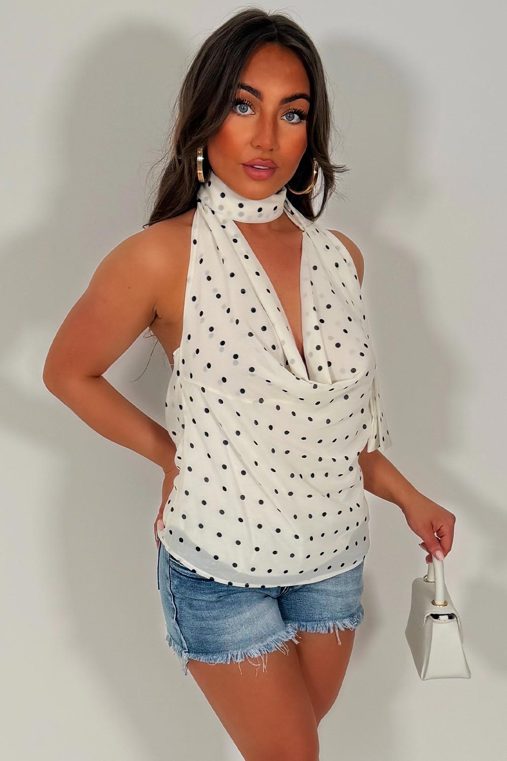 polka dot top cowl halter neck backless festival outfit styledup white fox uk
