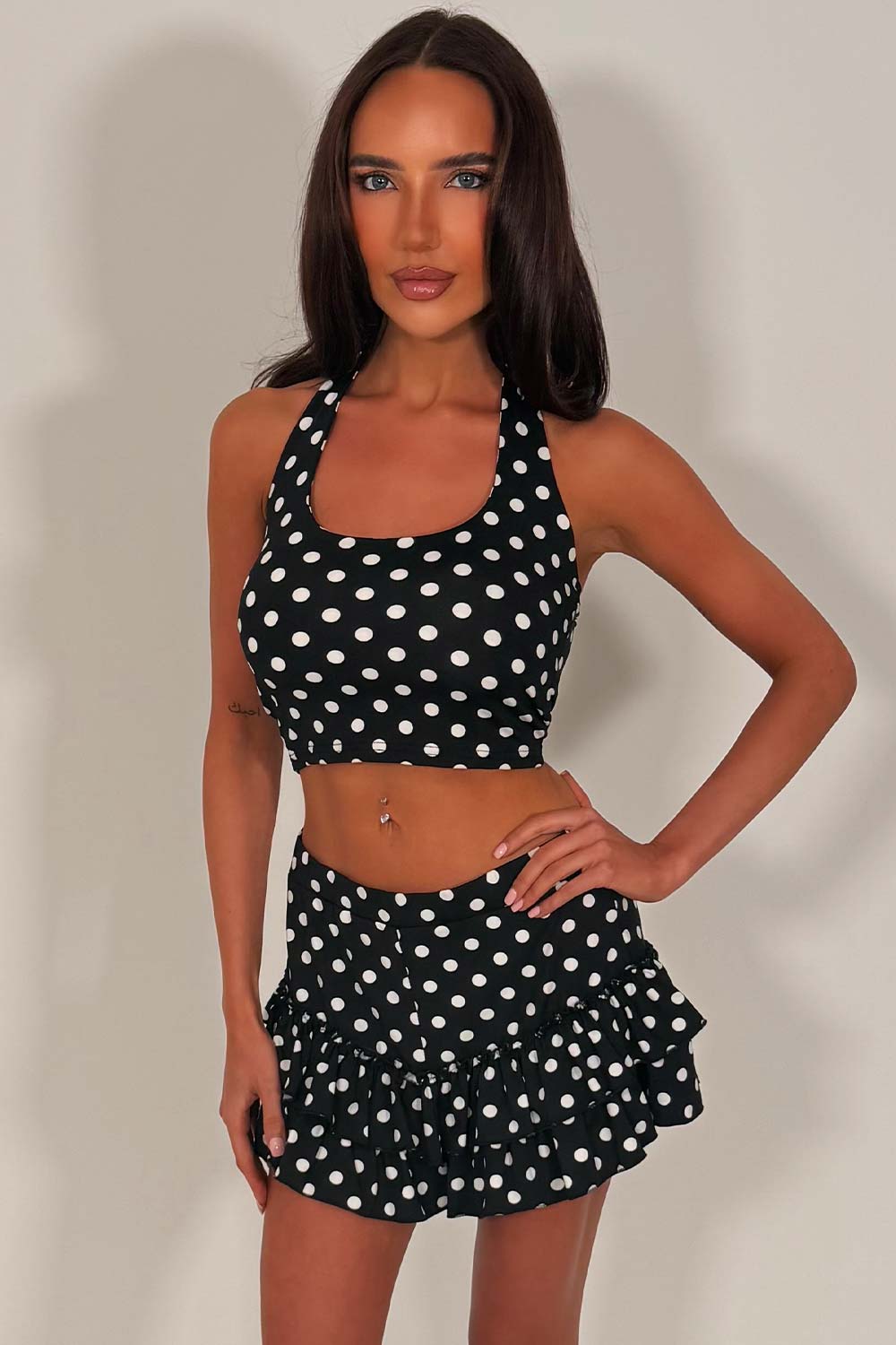 polka dot ruffle frilly skort and crop top co ord set summer festival outfit styledup whitefox uk