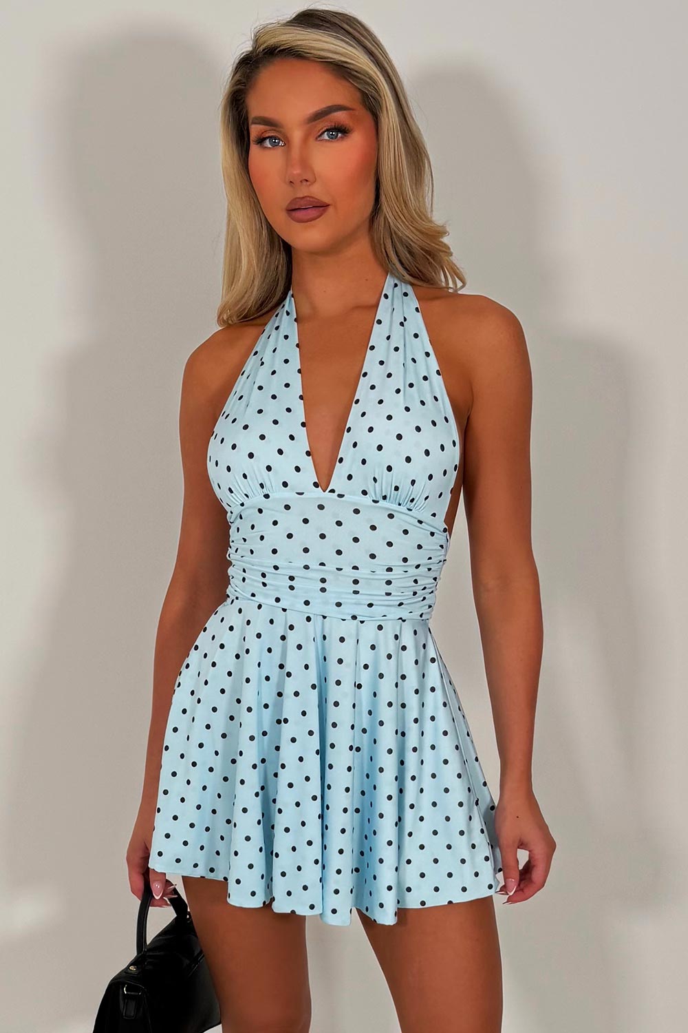 polka dot halterneck mini dress backless summer holiday outfit styledup fashion