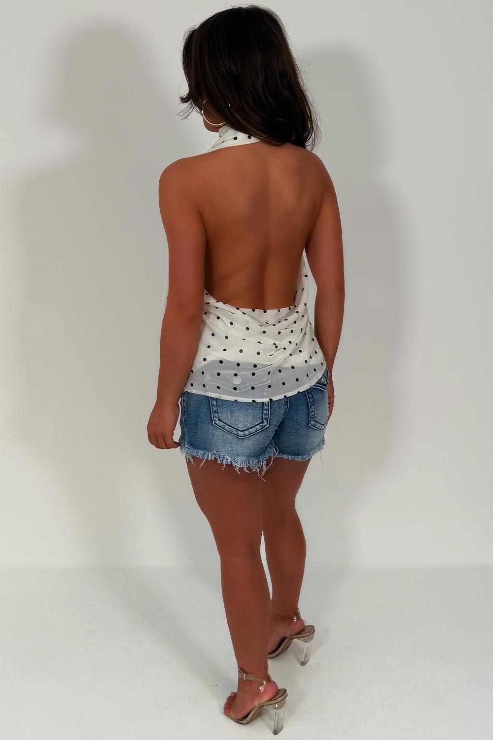 backless halter neck polka dot top for summer festivals holidays going out night out outfit styledup whitefox uk