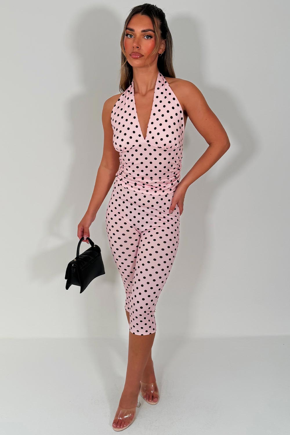 polka dot capri pants and halter neck crop top two piece co ord set night out occasion outfit for womens 
