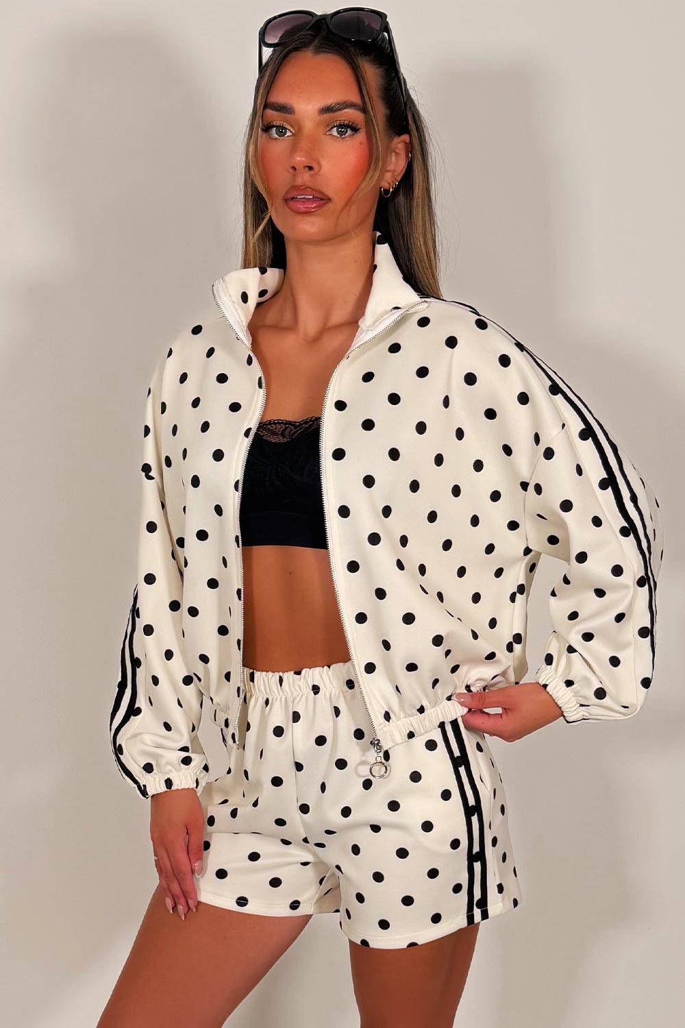 womens side stripe polka dot track jacket and shorts two piece co ord set styledup uk