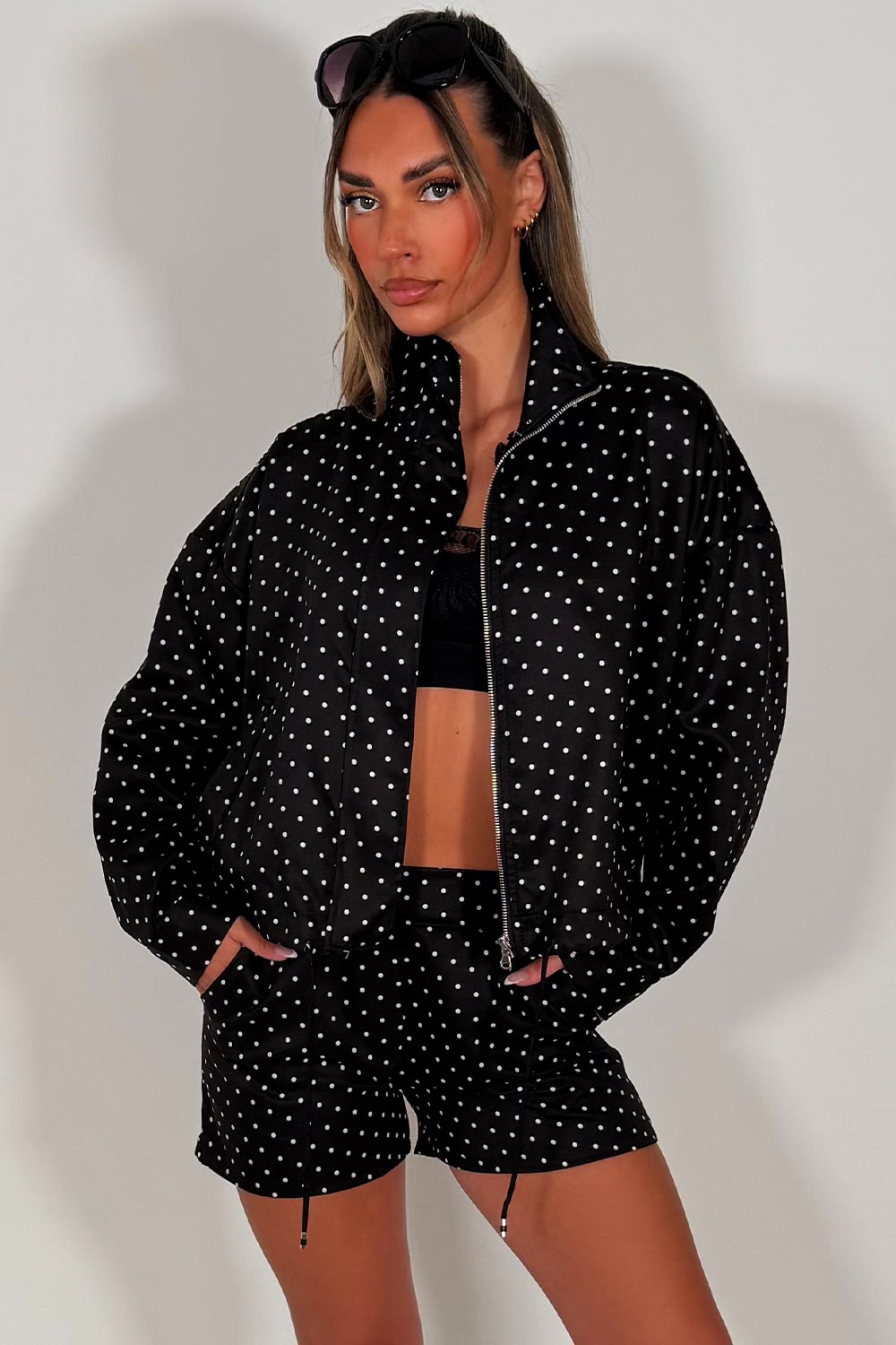 womens polka dot jacket and shorts two piece co ord set styledup uk