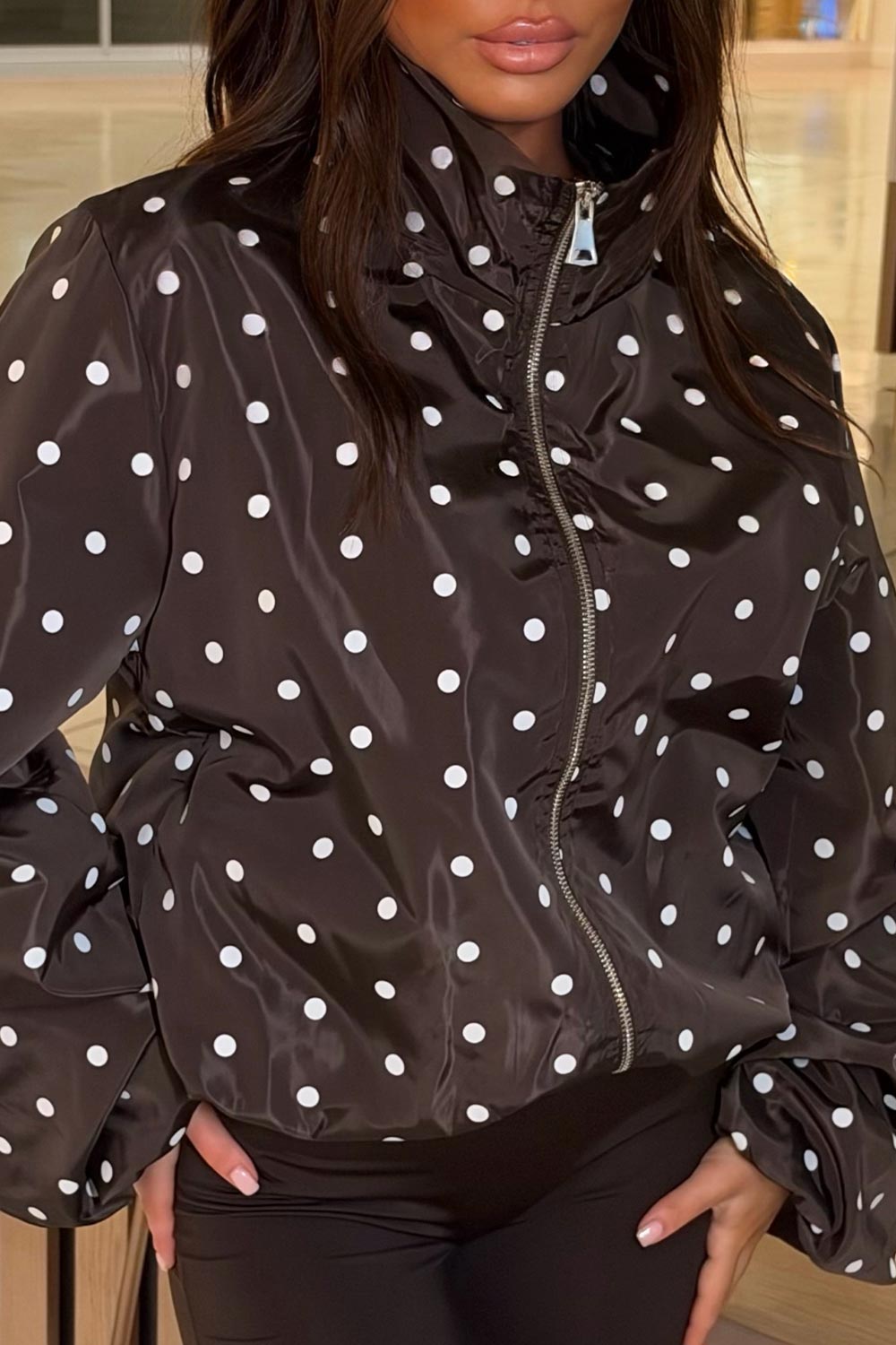 brown festival jacket with polka dot print styledup uk