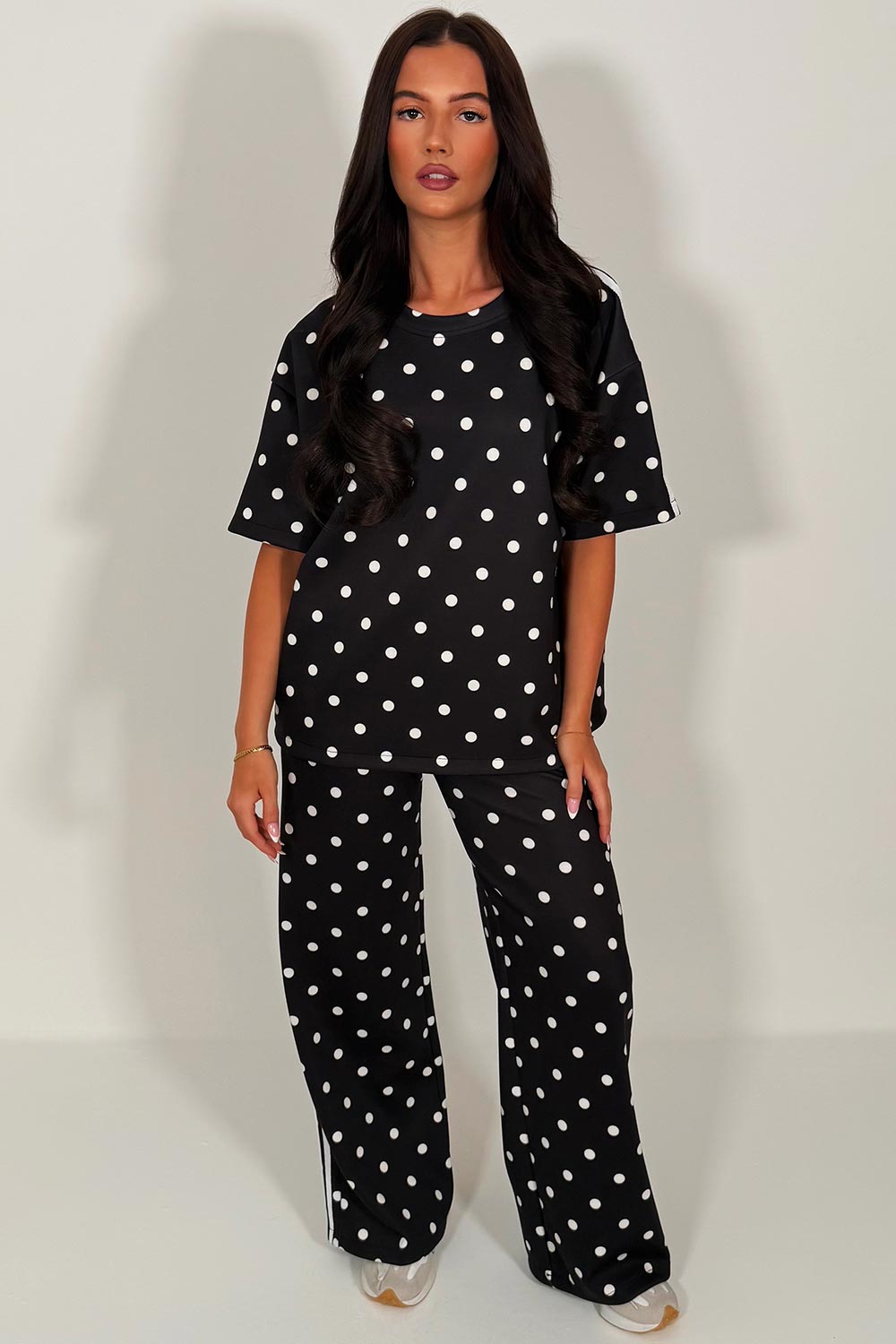 womens wide leg polka dot stripe trouser and top co ord set black styledup sale uk