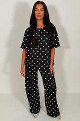 womens wide leg polka dot stripe trouser and top co ord set black styledup sale uk