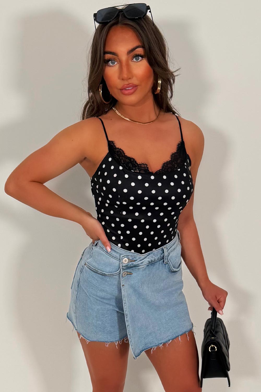 polka dot top with lace trim trendy summer holiday outfits uk styledup whitefox uk 