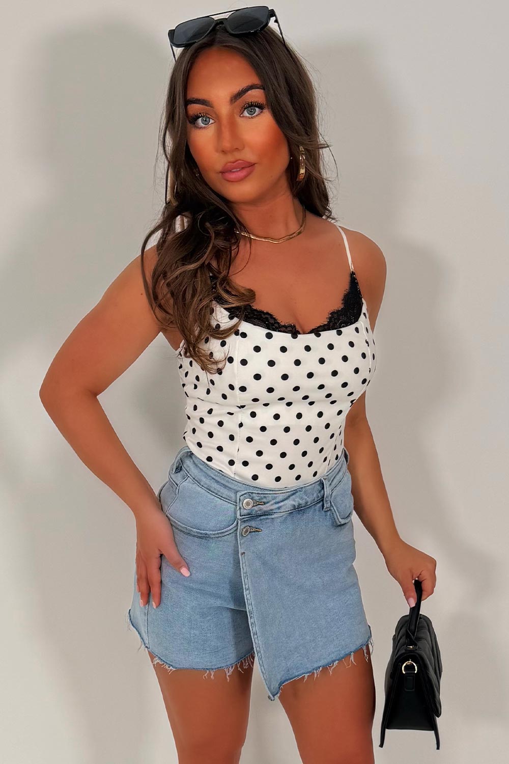 polka dot lace trim going out top styledup whitefox uk
