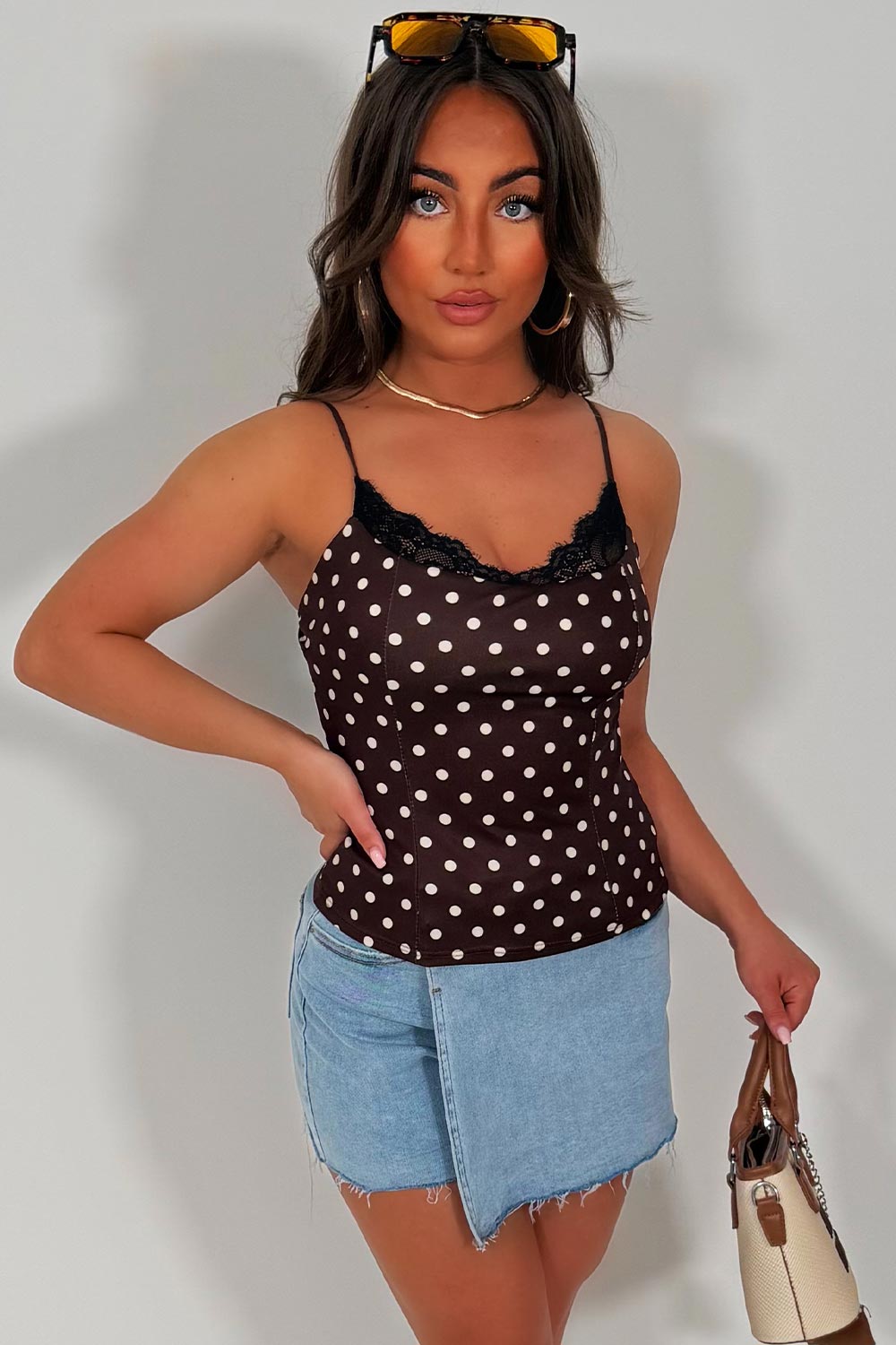 polka dot top with lace trim trendy summer holiday outfits uk styledup whitefox uk 