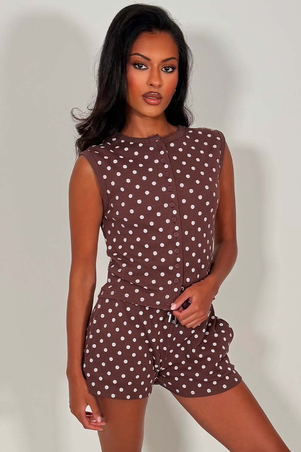 button up sleeveless top and shorts two piece tracksuit styledup