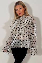 womens long sleeve polka dot blouse top with ruffle frill detail styledup
