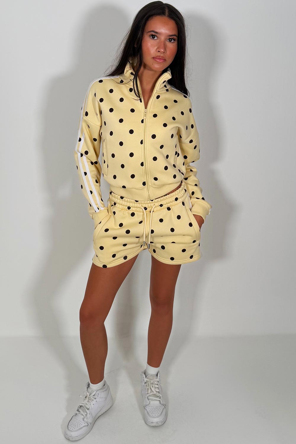 yellow short tracksuit polka dot print womens summer holiday airport outfit set styledup uk