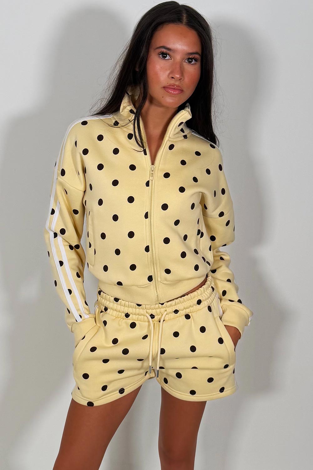 polka dot side stripe funnel neck zip up top and shorts two piece co ord set styledup short tracksuit womens styledup uk